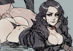  1girl ass black_hair boy_on_top breasts censored chin_rest choker g-string grey_eyes hetero highres large_breasts long_hair lying maniacpaint mosaic_censoring no_pants on_stomach panties penis prone_bone sex sketch solo_focus sweat the_witcher the_witcher_3 thong thong_aside underwear yennefer 