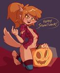  barefoot blush bottomless breasts brown_fur canine clothed clothing dabbledraws dialogue english_text female flannel food fruit fur ghoul_school hair jack_o&#039;_lantern mammal orange_hair pumpkin scooby-doo_(series) smile solo speech_bubble text torn_clothing were werewolf winnie_werewolf yellow_eyes 