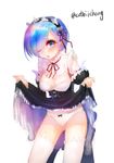  blue_eyes blue_hair breasts catbii cleavage hair_over_one_eye highres lifted_by_self maid maid_headdress open_mouth panties re:zero_kara_hajimeru_isekai_seikatsu rem_(re:zero) short_hair signature sketch skirt skirt_lift solo standing thighhighs twitter_username underwear white_legwear 