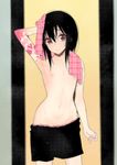  arm_at_side arm_up armpits black_hair black_shorts blush cowboy_shot drying drying_hair green_eyes hair_between_eyes inui_sanagi looking_at_viewer male_focus navel nipples original otoko_no_ko plaid plaid_towel short_hair_with_long_locks shorts solo standing stomach tattoo towel wet wet_hair 