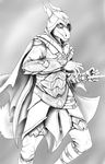  5_fingers aaros_(artist) anthro armor clothed clothing curved_horn dragon greyscale horn looking_at_viewer melee_weapon monochrome simple_background smooth_horn sword weapon 