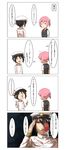  1boy 1girl 4koma absurdres admiral_(kantai_collection) arm_up black_hair buttons comic commentary face_slap_mark furuhara gloves grey_vest hair_between_eyes hair_ornament hat highres kantai_collection long_sleeves military military_hat military_uniform neck_ribbon open_mouth parted_lips pink_hair pocket ponytail red_neckwear red_ribbon ribbon salute school_uniform shiranui_(kantai_collection) short_sleeves slap_mark speech_bubble spoken_ellipsis translated uniform vest white_gloves 