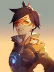  ask_(askzy) bangs brown_hair earrings face goggles gradient gradient_background grin jewelry lips looking_at_viewer multicolored multicolored_background nose overwatch parted_lips short_hair smile solo spiked_hair tracer_(overwatch) two-tone_background upper_body 