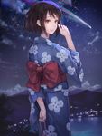  brown_eyes brown_hair cloud falling_star japanese_clothes kimi_no_na_wa kimono looking_at_viewer miyamizu_mitsuha mountain night night_sky short_hair sky smile solo star_(sky) starry_sky tears yasukura_(shibu11) 