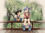  1girl bangs black_eyes black_hair bulma dougi dragon_ball dragon_ball_(classic) eating eye_contact food frog grimace hamburger holding holding_food indian_style knees_together_feet_apart lavender_eyes lavender_hair lizard long_sleeves looking_at_another loose_socks monkey_tail on_railing one_side_up purple_legwear railing shoes short_shorts shorts side-by-side sitting sleeveless sneakers socks son_gokuu spiked_hair sweatdrop sweatshirt tail tree uirina wristband 