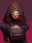  armor ask_(askzy) braid coat collarbone face_mask genderswap genderswap_(mtf) gradient gradient_background hood hooded_jacket jacket jewelry lips lipstick long_braid makeup mask overwatch reaper_(overwatch) shotgun_shells single_braid single_earring skull_mask solo trench_coat upper_body 