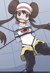  bdsm black_legwear bondage bound brown_hair cleave_gag cloth_gag crotch_rope double_bun gag gagged highres improvised_gag legwear_under_shorts long_hair lying mei_(pokemon) pantyhose pantyhose_under_shorts pokemon pokemon_(game) pokemon_bw2 raglan_sleeves restrained sharpffffff shorts solo very_long_hair visor_cap yellow_shorts 