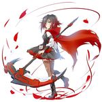  1girl boots cape iesupa lolita_fashion rose_petals ruby_rose rwby scythe short_hair silver_eyes skirt solo thighhighs 