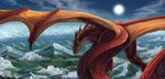  aaros_(artist) amazing_background ambiguous_gender day detailed_background detailed_scales dragon feral flying membranous_wings outside red_eyes red_scales scales sky solo sun wings 