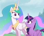  akeahi cutie_mark duo equine eye_contact female feral friendship_is_magic hair horn long_hair mammal mountain multicolored_hair my_little_pony open_mouth outside princess_celestia_(mlp) purple_eyes smile twilight_sparkle_(mlp) winged_unicorn wings 