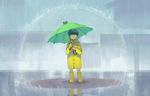  animal_themed_umbrella bangs black_eyes black_hair blunt_bangs boots bowl_cut child closed_mouth esper frog full_body green_umbrella hiko_(scape) holding holding_umbrella hood hood_down house kageyama_shigeo legs_apart long_sleeves looking_to_the_side looking_up male_focus mob_psycho_100 outdoors rain raincoat reflection rubber_boots solo umbrella yellow_footwear younger 