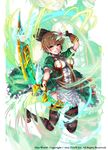  2015 archery arrow bad_id bad_pixiv_id belt bow_(weapon) breasts brown_eyes brown_hair character_request company_name copyright_name diss_world eyebrows eyebrows_visible_through_hair flower full_body gloves grin hair_flower hair_ornament highres holding holding_weapon looking_at_viewer medium_breasts official_art puma_(hyuma1219) shoes short_hair skirt smile solo striped striped_legwear thighhighs weapon zoom_layer 