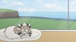  2016 ambiguous_gender animated blue_eyes brown_fur cloud dog_bed duo eye_contact fence feral fur grass happy inside lycanroc nintendo pok&eacute;mon rockruff sky sleeping tailwag video_games water window wolfdog800 