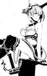  anchor bad_anatomy black_legwear breasts chain drshellon greyscale highres kantai_collection looking_to_the_side medium_breasts midriff monochrome mutsu_(kantai_collection) navel short_hair sitting solo thighhighs white_background 