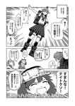  akebono_(kantai_collection) animal animal_on_head arm_up bell boots bunny closed_eyes comic greyscale hair_bell hair_bobbles hair_ornament hand_on_hip hand_on_own_chin japanese_clothes kantai_collection kariginu kimono laughing long_hair long_sleeves monochrome multiple_girls on_head open_mouth pleated_skirt rigging ryuujou_(kantai_collection) sazanami_(kantai_collection) school_uniform serafuku shouting side_ponytail skirt smile sweatdrop thigh_strap torpedo translation_request twintails uniform visor_cap yokochou 