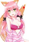  animal_ears bare_shoulders bra breasts cleavage collarbone fang fate/extra fate_(series) fox_ears fox_tail heart highres kitajima_yuuki large_breasts long_hair looking_at_viewer open_clothes open_mouth open_shirt pink_bra pink_hair shirt simple_background solo striped striped_hoodie tail tamamo_(fate)_(all) tamamo_no_mae_(fate) underwear white_background yellow_eyes 