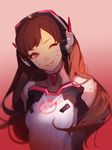  ;) ask_(askzy) bangs bodysuit breasts brown_hair d.va_(overwatch) eyebrows face facepaint gradient gradient_background head_tilt headgear lips long_hair looking_at_viewer nose one_eye_closed overwatch pink_background small_breasts smile solo upper_body whisker_markings 