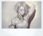  arm_up armpits bad_id bad_pixiv_id cigarette closed_eyes cup greyscale jewelry monochrome necklace original photo_(object) rr_(suisse200) short_hair sleeveless solo 