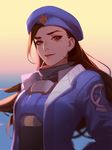  alternate_costume ana_(overwatch) armor ask_(askzy) beret black_hair blue_jacket bodysuit brown_eyes captain_amari dark_skin emblem facial_mark facial_tattoo hat jacket lips lipstick long_hair looking_at_viewer makeup military military_uniform overwatch parted_lips power_armor power_suit smile solo tattoo turtleneck uniform upper_body younger 