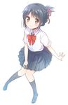  arm_support black_legwear black_skirt blush bow bowtie brown_eyes commentary_request hair_ribbon kimi_no_na_wa knees_together_feet_apart looking_at_viewer looking_up miyamizu_mitsuha ouhara_lolong pleated_skirt red_bow red_neckwear red_ribbon ribbon school_uniform shirt short_sleeves sitting skirt solo white_shirt 