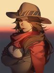  ask_(askzy) brown_eyes brown_gloves brown_hair brown_hat cape cigar cowboy_hat crossed_arms eyebrows eyebrows_visible_through_hair eyelashes genderswap genderswap_(mtf) gloves gradient gradient_background hat lips lipstick makeup mccree_(overwatch) mouth_hold one_eye_closed overwatch poncho red_cape solo upper_body 