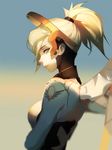 ask_(askzy) bangs blonde_hair breasts closed_mouth expressionless eyebrows from_side gradient gradient_background green_eyes hair_ornament headgear high_ponytail lips looking_at_viewer mechanical_halo mechanical_wings medium_breasts mercy_(overwatch) multicolored multicolored_background nose overwatch profile short_ponytail solo two-tone_background upper_body wings 