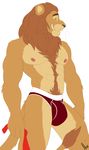  2016 abs ahzi anthro biceps black_nose body_hair briefs brown_fur brown_mane bulge chest_hair clothed clothing eyebrows feline front_view fur grin hair happy_trail hi_res lion looking_at_viewer male mammal mane muscular muscular_male navel nipples pecs pubes red_eyes simple_background smile solo standing tan_fur teeth topless underwear whiskers white_background 