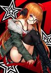  belt belt_boots black_footwear boots cross-laced_footwear glasses grin headphones inayama jacket knee_boots lace-up_boots long_hair orange_hair persona persona_5 purple_eyes sakura_futaba shorts smile solo thighhighs thighhighs_under_boots 