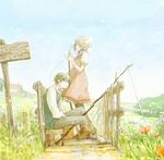  1girl blue_eyes bridge brown_hair commentary day dress fishing fishing_rod flower grass horizon kujyoo light_particles muted_color original path puffy_short_sleeves puffy_sleeves road rural short_hair short_sleeves sign sitting sky tree 