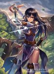  aira_(fire_emblem) armor belt black_hair boots bracelet breastplate breasts cloud cloudy_sky cuboon elbow_gloves fire_emblem fire_emblem:_seisen_no_keifu fire_emblem_cipher gloves holding holding_sword holding_weapon jewelry large_breasts leaf lips long_hair multiple_belts official_art pelvic_curtain purple_eyes serious sheath sidelocks sky solo sword thigh_boots thighhighs thighs weapon 