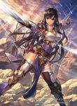  aira_(fire_emblem) armor belt black_hair blue_eyes boots breasts cuboon fighting_stance fire_emblem fire_emblem:_seisen_no_keifu fire_emblem_cipher gloves holding holding_sword holding_weapon knee_pads large_breasts lips long_hair meteor_shower mountain official_art pelvic_curtain serious shooting_star sidelocks solo sunset sword thigh_boots thighhighs thighs weapon 