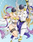  1girl abs angel_wings angemon angewomon armpits asymmetrical_clothes bare_shoulders belt blonde_hair blue_ribbon bodysuit breasts cleavage collarbone commentary_request covered_eyes digimon digimon_adventure digimon_adventure_tri. feathered_wings feathers foreshortening gloves helmet high_heels loincloth long_hair looking_at_viewer medium_breasts midriff multiple_wings navel nue_(himetemari) purple_ribbon ribbon seraph shoes sideboob single_glove smile stomach thigh_strap white_footwear white_gloves white_wings winged_helmet wings 