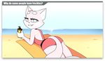  2016 anthro beach blue_eyes butt cat clothing feline female fur invalid_tag mammal official_art pink_fur seaside shima_luan suntan_lotion super_planet_dolan swimsuit towel youtube 