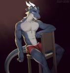  anthro bulge clothed clothing dragon hinar_miler horn looking_at_viewer male sitting smile solo topless underwear 