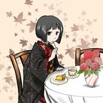  black_eyes black_hair cake cheesecake commentary cup eating flower food fork haori japanese_clothes kimono leaf looking_at_viewer maple_leaf mouth_hold obi original sash short_hair sitting solo table tablecloth tea teacup vase yukimiya_azuma 