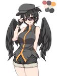  :d adjusting_eyewear alternate_costume bare_arms bare_shoulders bird_wings black_hair blush breasts cabbie_hat ear_piercing fingerless_gloves gloves hat jewelry kuroba_rapid large_breasts looking_at_viewer open_mouth palette piercing red_eyes shameimaru_aya short_hair short_ponytail short_shorts shorts sleeveless smile solo sunglasses thighs touhou wings 