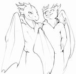  aaros_(artist) animated anthro clothed clothing dragon duo greyscale hoodie horn male membranous_wings monochrome no_sound simple_background sketch smile white_background wings 