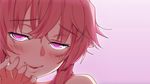  bare_shoulders blush close-up fingernails fingers_to_cheeks gasai_yuno gradient gradient_background head_only head_tilt highres kaisen_chuui lips looking_at_viewer mirai_nikki mirror_image parted_lips pink_eyes pink_hair smile solo 