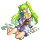  alternate_costume alternate_hairstyle arm_support bare_legs bare_shoulders barefoot blush breasts c.c. character_name cleavage closed_mouth code_geass coldrim collarbone commentary_request copyright_name fan full_body green_hair green_ribbon hair_ribbon holding holding_fan japanese_clothes kimono long_hair long_sleeves looking_at_viewer medium_breasts obi off_shoulder paper_fan ribbon sash sidelocks sitting smile solo twintails uchiwa wrist_cuffs yellow_eyes yokozuwari 