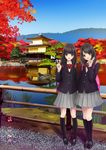  autumn autumn_leaves bad_id bad_nicoseiga_id chikuwa_(odennabe) day hill kinkaku-ji kyoto multiple_girls original pond pose real_world_location school_uniform siblings sky travel tree twins v water 