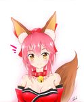  animal_ears artist_name bare_shoulders bell bell_collar blush bow breasts cleavage collar collarbone commentary detached_sleeves fate/grand_order fate_(series) fox_ears fox_tail gradient gradient_background hair_bow hair_ribbon japanese_clothes large_breasts light_smile looking_at_viewer pink_hair portrait potato_(chenghungchai) ribbon shiny shiny_skin signature solo tail tamamo_(fate)_(all) tamamo_cat_(fate) white_background yellow_eyes 
