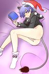  blue_eyes blue_hair blush bottomless capelet commentary_request doremy_sweet fingering hat highres long_sleeves lying masturbation nightcap on_bed on_side oshiaki santa_hat solo tail tapir_tail touhou 