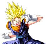  absurdres blonde_hair dougi dragon_ball dragon_ball_z earrings fighting_stance gloves green_eyes highres jewelry kamishima_kanon male_focus muscle open_mouth potara_earrings serious solo spiked_hair super_saiyan vegetto white_gloves 