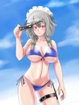  ass_visible_through_thighs bare_arms bare_shoulders bikini blue_bikini blush bow braid breasts cleavage cloud collarbone cowboy_shot day eyewear_removed green_bow grey_hair groin gun hair_bow halter_top halterneck holding holding_eyewear holster izayoi_sakuya kashiru knife large_breasts looking_at_viewer maid_headdress navel red_eyes rifle side-tie_bikini solo stomach sunglasses swimsuit thigh_holster touhou twin_braids underboob weapon 