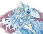  1girl aisutabetao aqua_(fire_emblem_if) armor blue_cape blue_hair blue_ribbon blush cape couple crying dress elbow_gloves fingerless_gloves fire_emblem fire_emblem_if gloves hairband hetero lips long_hair lying male_my_unit_(fire_emblem_if) mamkute my_unit_(fire_emblem_if) on_back ribbon short_hair silver_hair tears veil very_long_hair white_cape white_dress yellow_eyes 