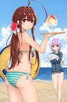  ahoge alternate_costume alternate_hairstyle ass bare_legs beach bikini bird brown_hair cloud cloudy_sky day fat_mons fish flower from_behind green_bikini hair_flower hair_ornament hairclip hibiscus highres holding holding_fish holding_tray huge_ahoge innertube jacket jacket_over_swimsuit kantai_collection kuma_(kantai_collection) long_hair looking_at_viewer multiple_girls ocean outdoors ponytail purple_hair red_eyes shaved_ice short_hair sky smile striped striped_bikini swimsuit tama_(kantai_collection) track_jacket tray water yamano_(yamanoh) 