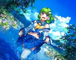  alternate_hair_length alternate_hairstyle ascot blue_eyes blue_ribbon blue_skirt cloud commentary_request day detached_sleeves eyebrows eyebrows_visible_through_hair frog_hair_ornament green_hair hair_ornament hair_tubes highres kanou_(natsuno0223) kochiya_sanae lake looking_at_viewer midriff moss mountain navel pleated_skirt ribbon ribbon-trimmed_legwear ribbon_trim rock shirt sidelocks skirt skirt_hold sky snake_hair_ornament solo splashing thighhighs touhou wading water white_legwear white_shirt wide_sleeves 