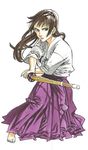  amahara_sayaka barefoot brown_eyes brown_hair chiguhagu_lovers full_body hakama japanese_clothes kendo long_hair official_art purple_hakama shinai solo suzuki_nakaba sword traditional_media weapon 