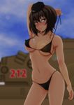  absurdres bangs bikini black_bikini blurry blush breasts brown_eyes brown_hair cloud cloudy_sky cowboy_shot depth_of_field girls_und_panzer ground_vehicle highres looking_at_viewer medium_breasts military military_vehicle motor_vehicle nanashi_noiji nishizumi_maho outdoors short_hair sky smile solo standing string_bikini swimsuit tank tiger_i untied untied_bikini untying 