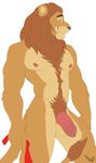  2016 abs ahzi anthro balls biceps big_penis black_nose body_hair brown_fur brown_mane chest_hair eyebrows feline flaccid front_view fur grin hair happy_trail hi_res humanoid_penis lion looking_at_viewer male mammal mane muscular muscular_male navel nipples nude pecs penis pubes red_eyes simple_background smile solo standing tan_fur teeth whiskers white_background 